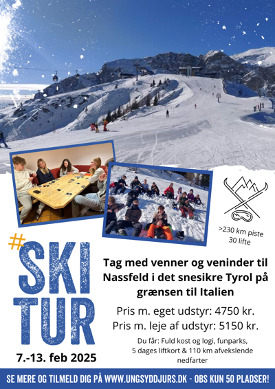 Plakat for skituren med billede af området, unge i sneen og unge, der spiller kortspil.